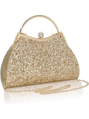 Women's Sequin Gold Glitter Pleated Clutch Wedding Prom Party Purse Evening Bag